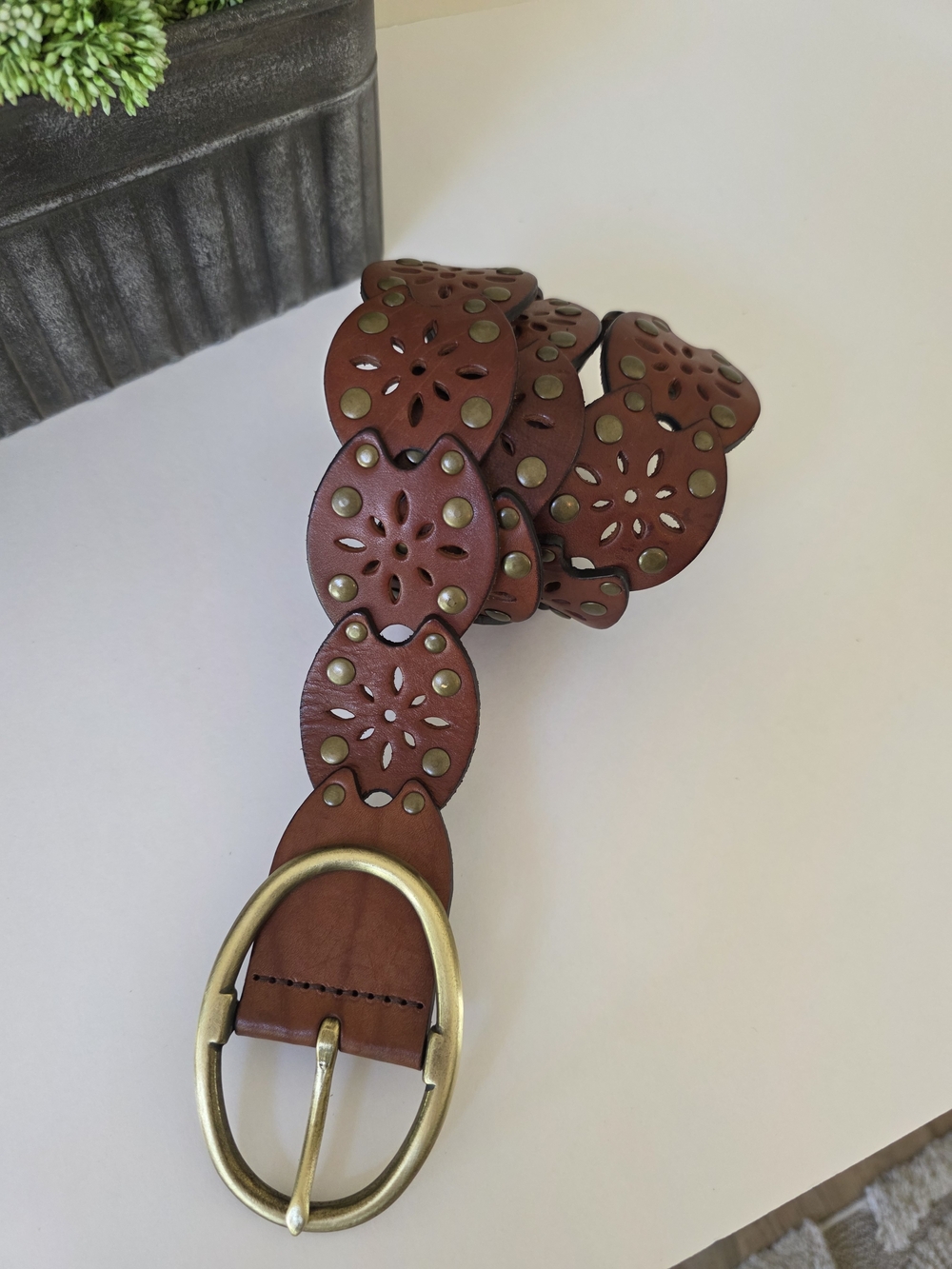 Vintage Boho Genuine Leather Cutout Studded Belt Oversized Brass Buckle